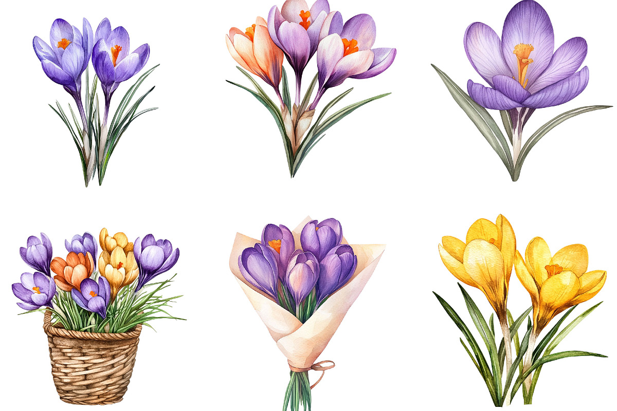 Watercolor Crocus Flowers Clipart, an Illustration by Designking (Photo 2 of 5)