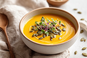 Warm butternut squash soup garnished with seeds and microgreens in a rustic bow, a Photo by AlyaAnd