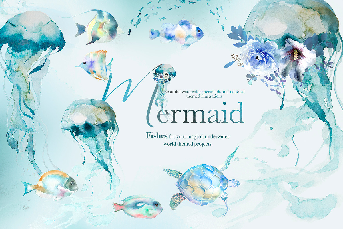 Hand-Painted Mermaid Clipart Set, a Person Illustration by ArtCreationsDesign (Photo 5 of 24)