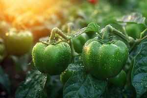 Fresh green bell peppers growing in, a Photo by Tanuart