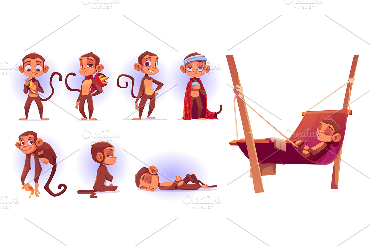 Cartoon set of cute monkeys isolated, an Illustration by art PVP - market