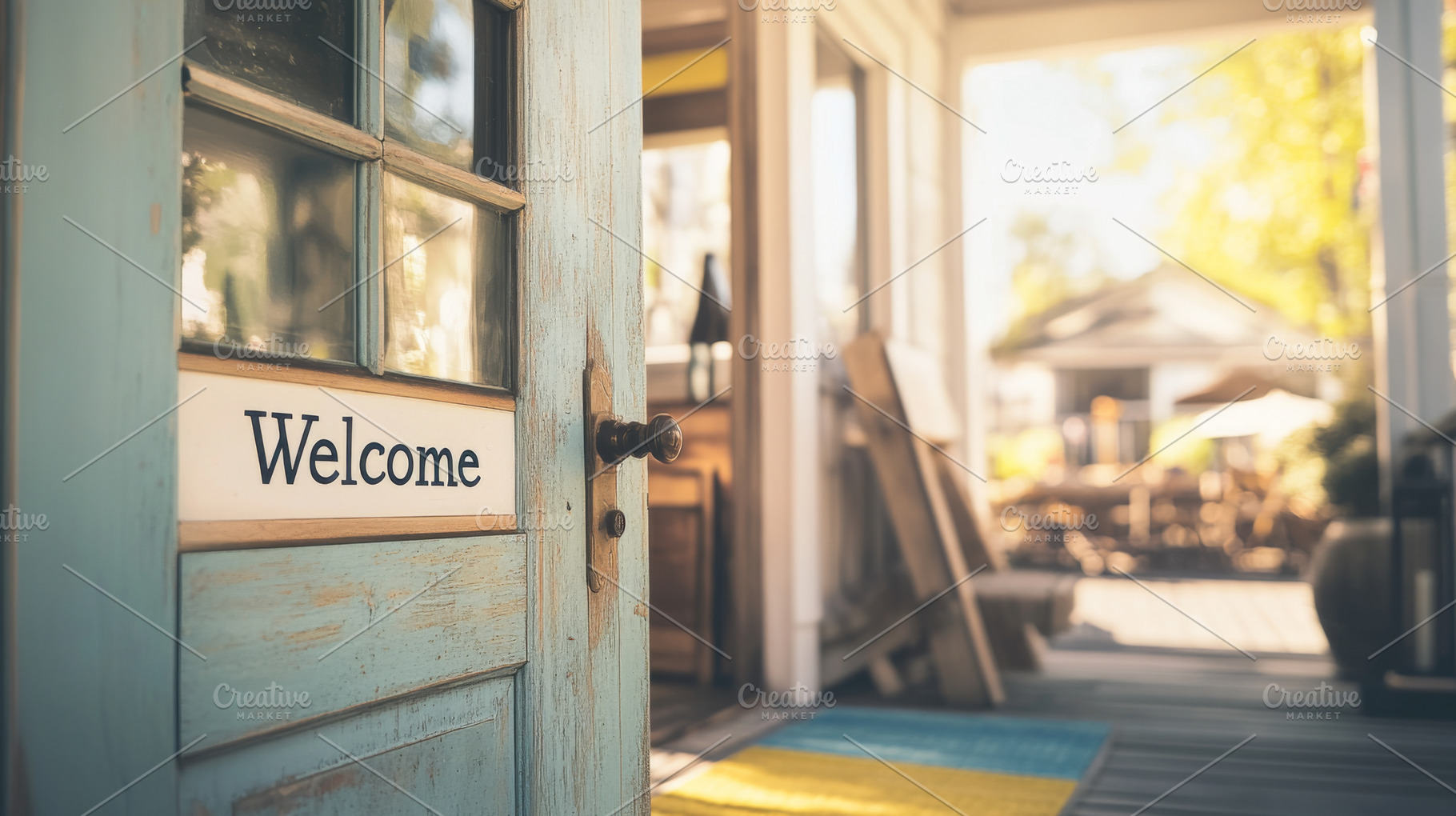 Open door with welcome sign leading, a Photo by Dvoevnore photos