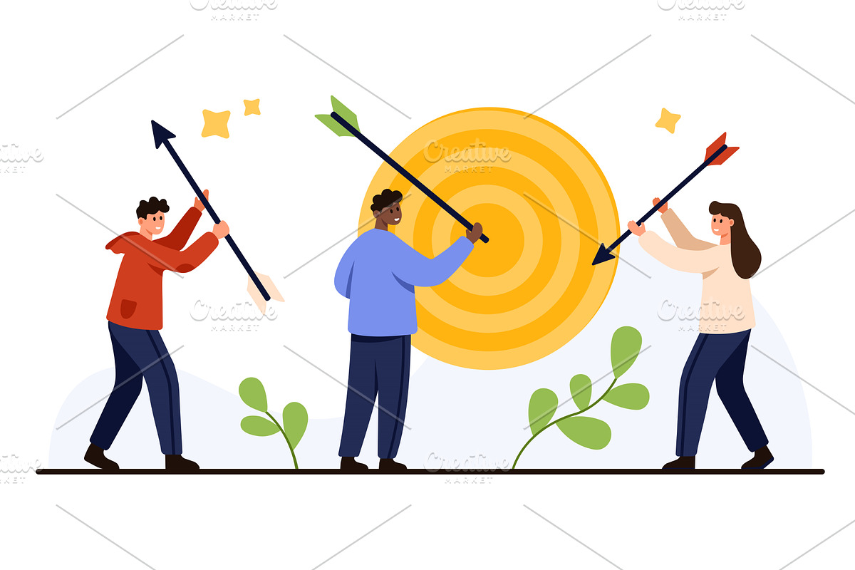 Teamwork Achieving Goals with Target, a Finance Illustration by Flashvector