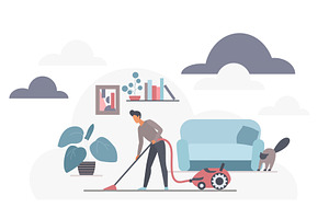 Woman vacuuming living room clouds, an Object Illustration by Lemberg Vector
