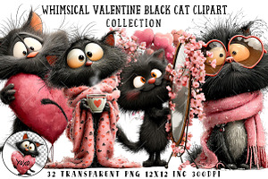 Whimsical Valentine Black Cat Clipar, an Illustration by OK Design