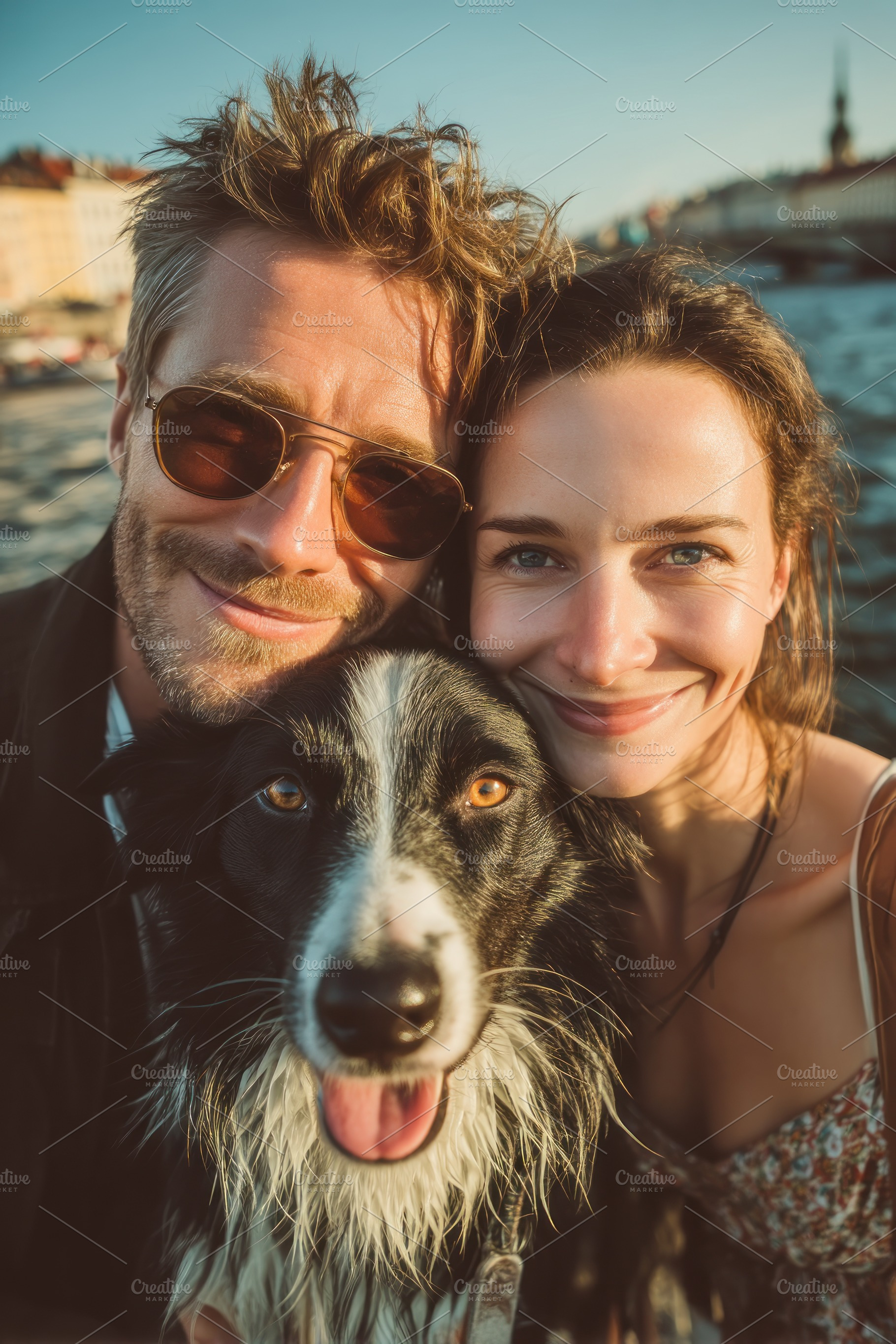 Happy Couple Taking Selfie with Dog by Riverside at Sunset Warm, a Person Photo by José Manuel Gelpi
