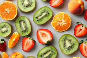 Pattern of different fresh sliced fruits on white background, a Food & Drink Photo by AlyaAnd