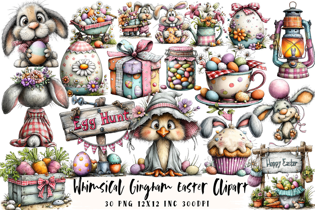 Whimsical Gingham Easter Clipart, an Illustration by OK Design (Photo 1 of 4)