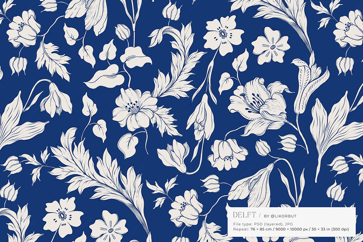 Vintage Blue Floral Seamless Pattern, a Pattern Graphic by likorbut (Photo 2 of 13)