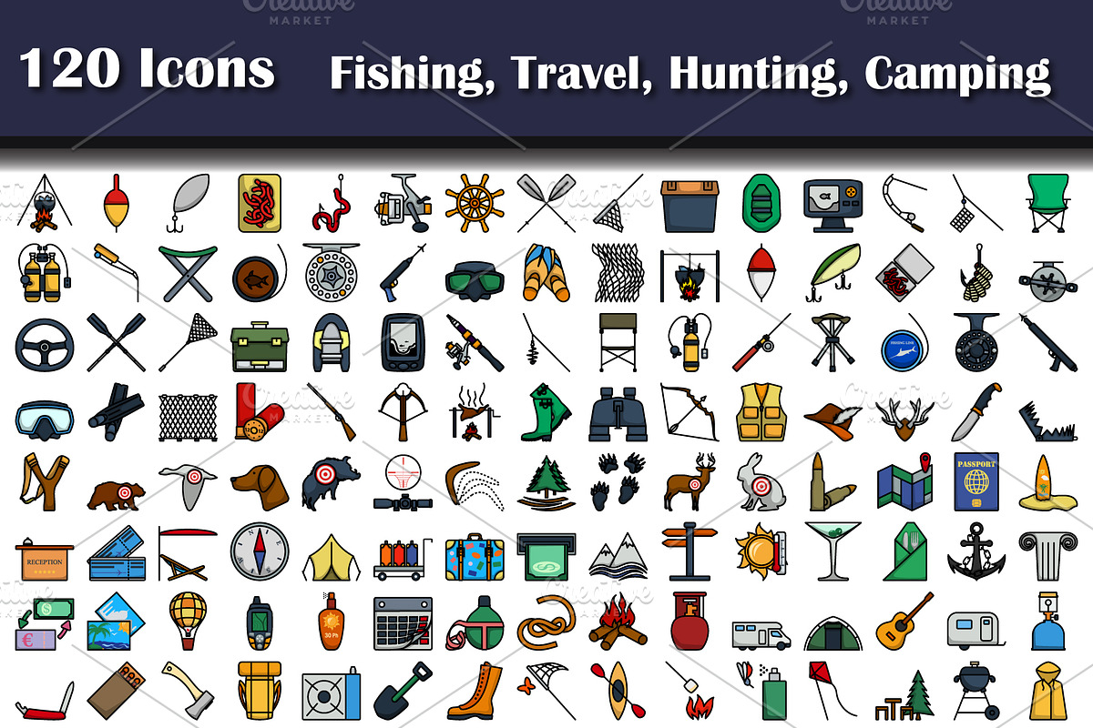 120 Icons Of Fishing, Travel, Huntin, an Outline Icon by Pavel Vectors