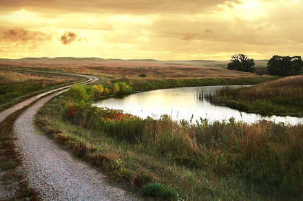 Golden sky containing pond, gravel road, and sky