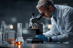 Examining sample under microscope in medical laboratory, a Health & Medical Photo by OSORIOartist