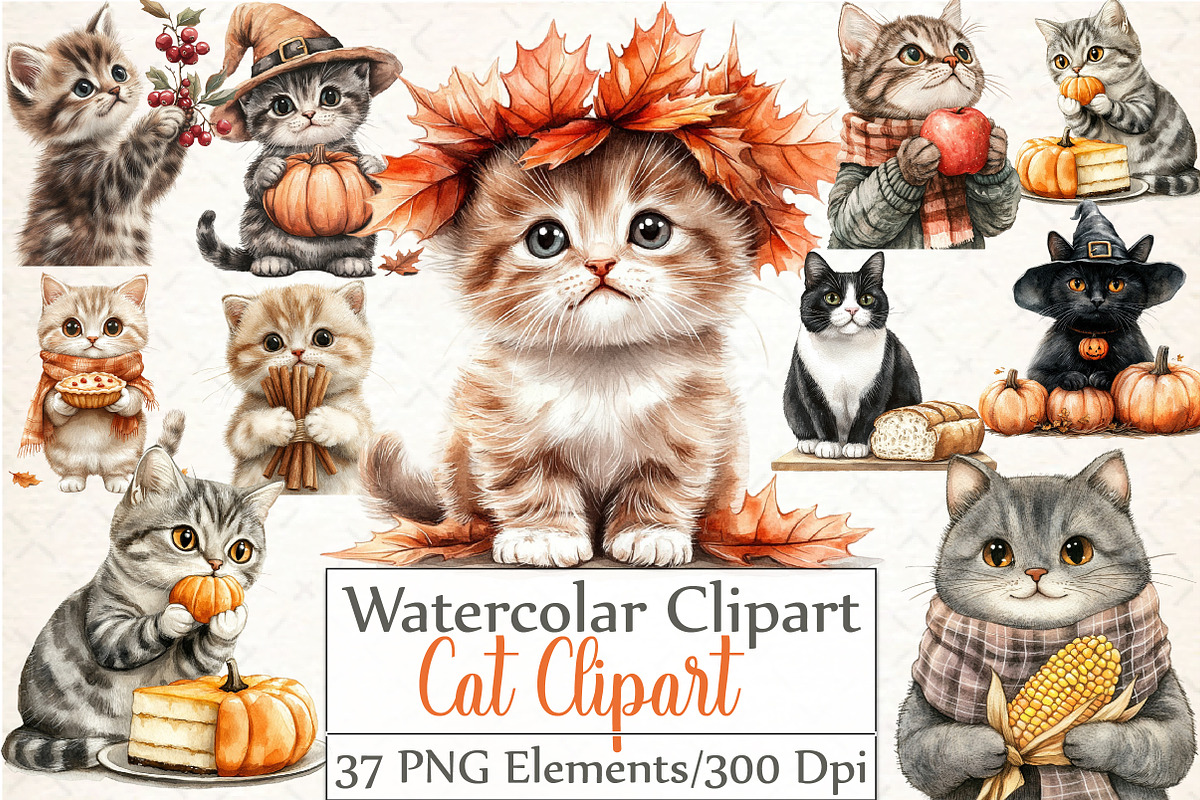 Thanksgiving Cat Clipart, an Illustration by DreamCafeArt (Photo 1 of 5)