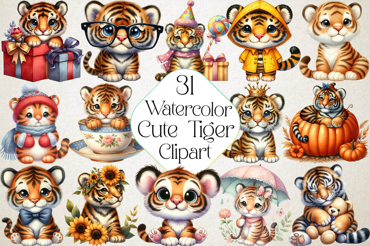 Cute Tiger Cub Clipart Collection, an Illustration by DreamPrint404 (Photo 1 of 4)