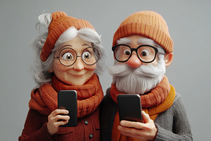 Elderly couple using smartphones whi, a Photo by Tanuart