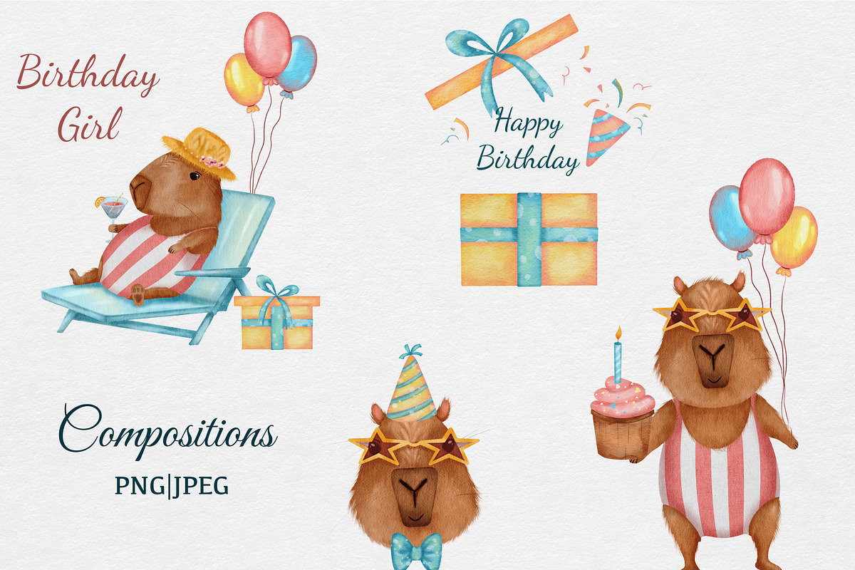 Capybara Birthday Clipart Set, an Animal Illustration by ZabolotnaArt (Photo 4 of 10)