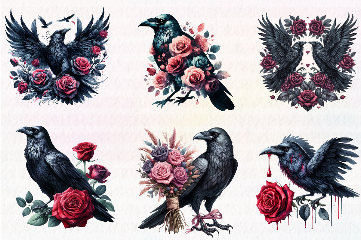 Watercolor Raven and Red Roses, an Illustration by CreationArt (Photo 3 of 5)