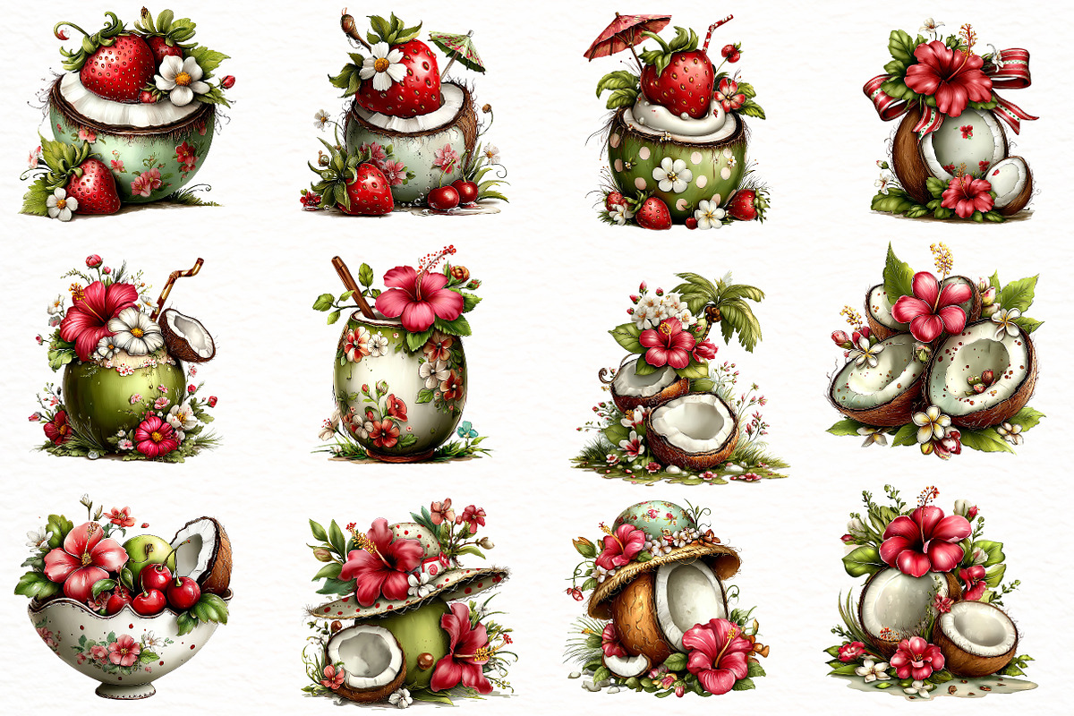 whimsical summer coconut clipart, an Illustration by Designworld (Photo 2 of 8)