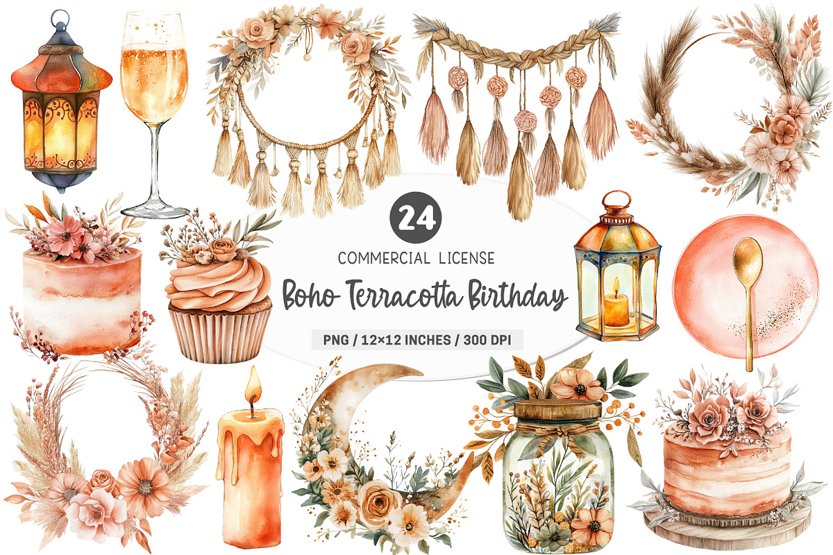 Boho Terracotta Birthday Clipart, an Illustration by SinaCreation (Photo 1 of 5)