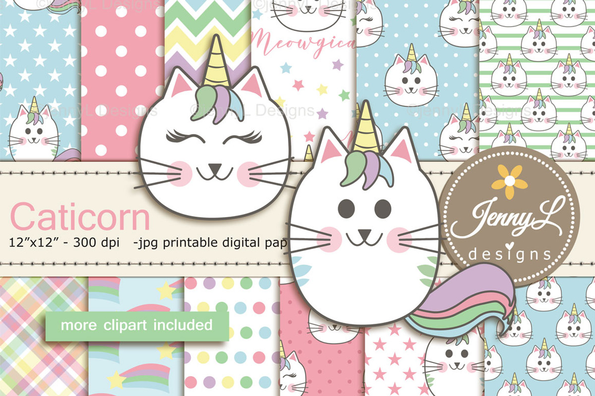Caticorn Cat Digital Paper & Clipart, a Pattern Graphic by JennyL Designs (Photo 1 of 7)