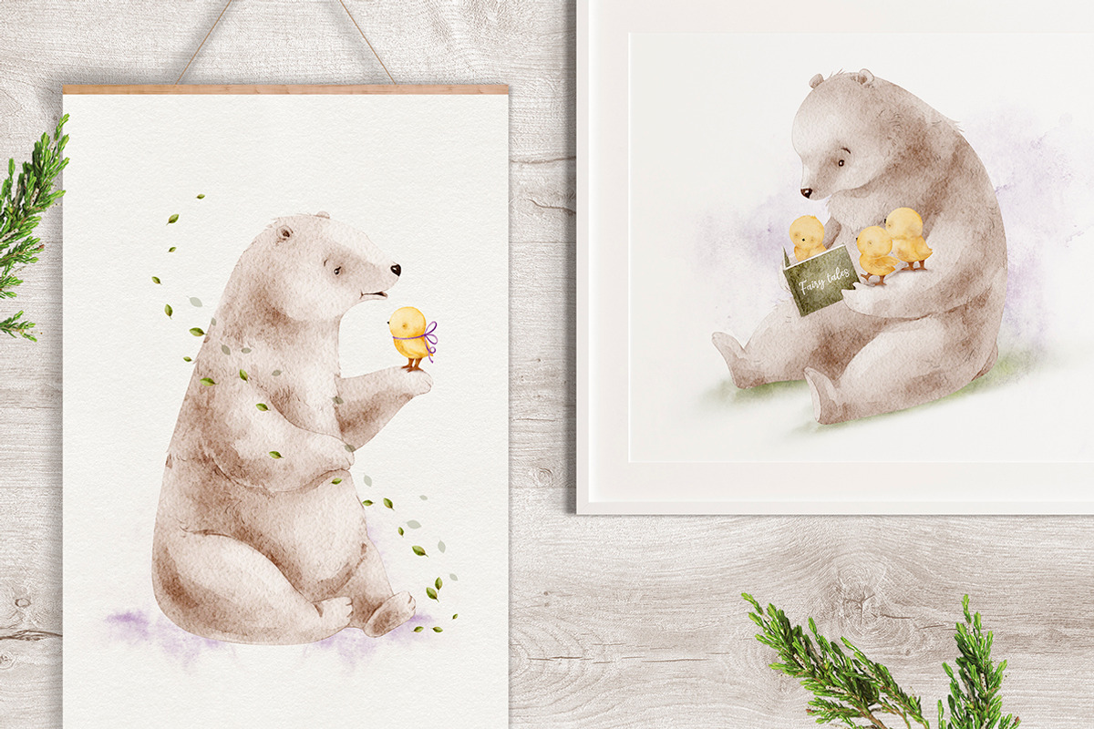 BEAR AND CHICKENS watercolor set, an Animal Illustration by erasovas (Photo 2 of 15)