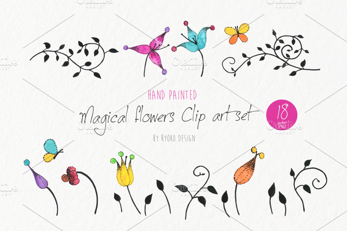 flower vine butterfly clip art set, an Illustration by Eomoiart