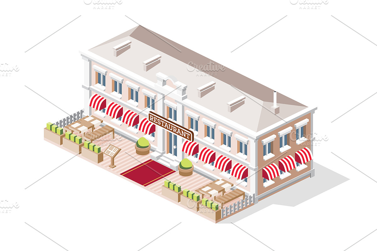 Isometric building with restaurant., an Illustration by Booblgum