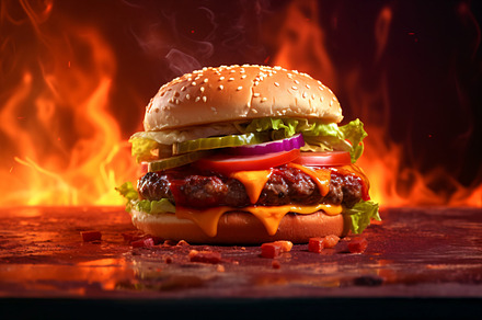 Hamburger beef patty on wooden table, a Food & Drink Photo by shahsoft