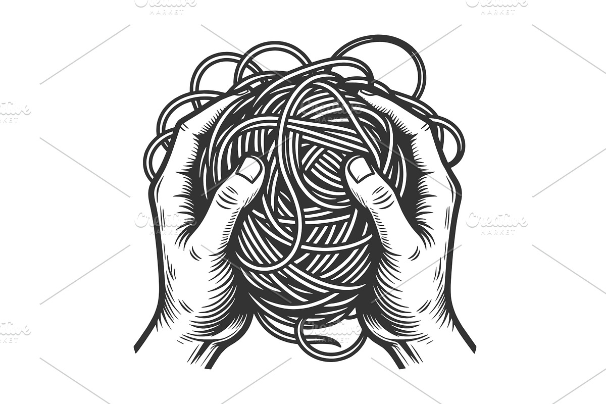 Hands Holding Tangled Ball Of Yarn, an Object Illustration by AlexArt