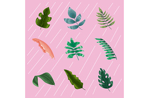 nine tropical leafs icons, an Illustration by studiogstock