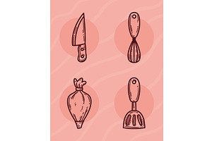 four kitchen utensils icons, an Object Illustration by studiogstock