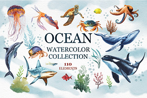 Underwater world watercolor collecti