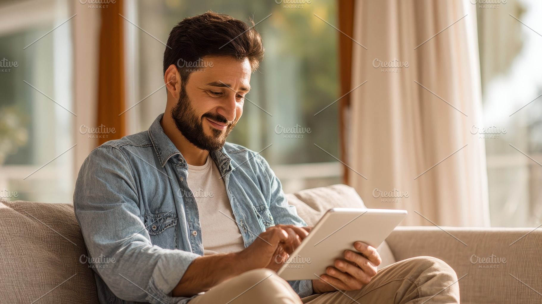 Man relaxing on couch using tablet s, a Photo by Pixeness Studio