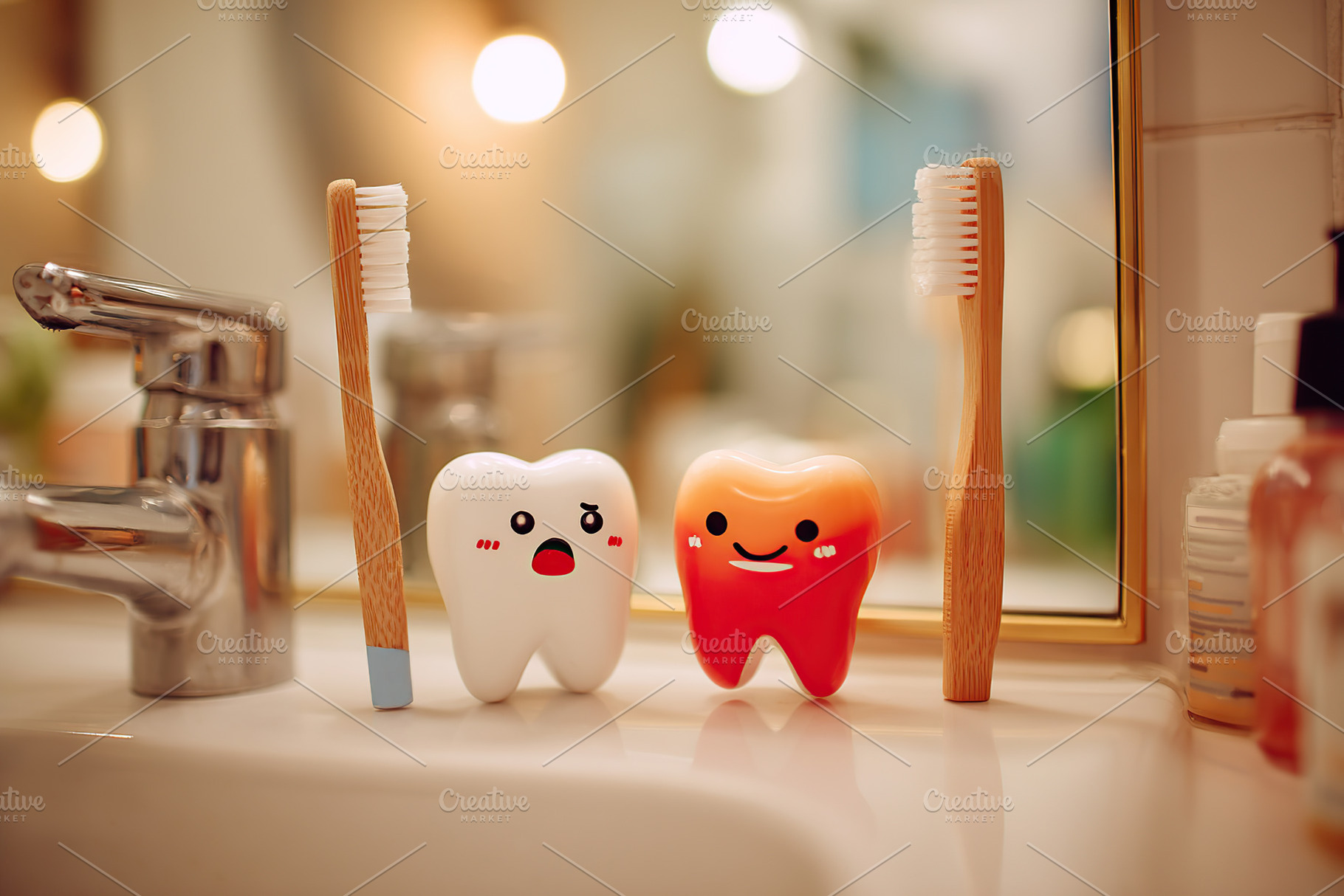 Tooth and toothpaste engage in playful argument in colorful bathroom setting, a Photo by AlyaAnd