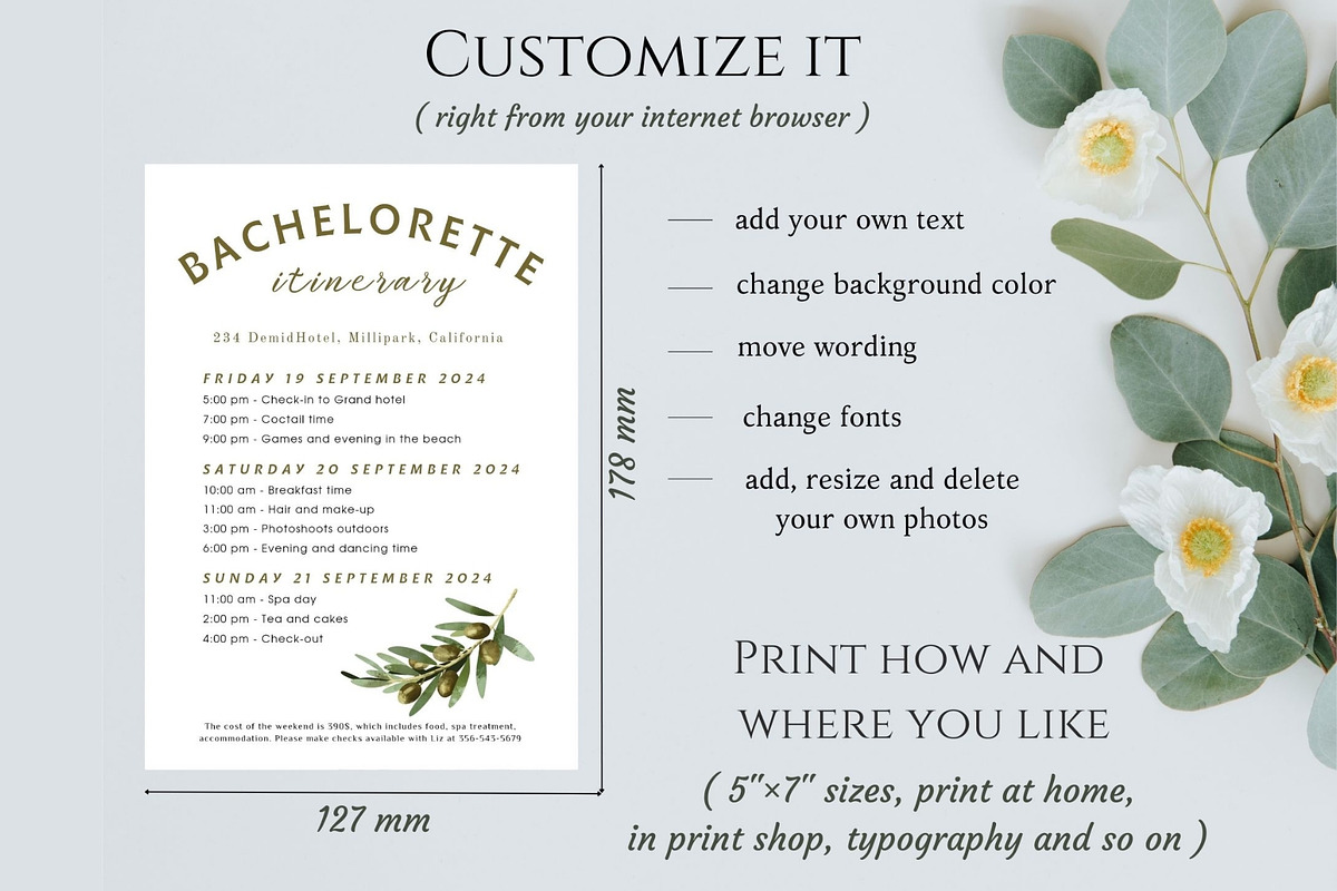 Olives Bachelorette itinerary card, a Stationery Template by EvaTemplates (Photo 4 of 9)