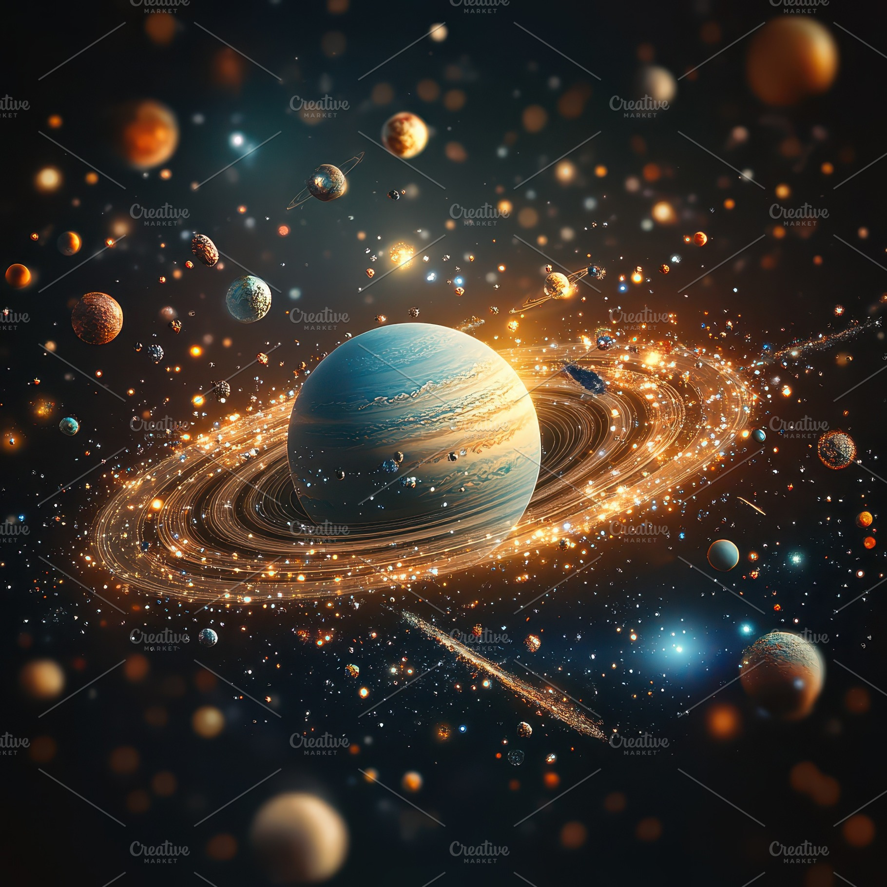 Glowing Planet Rings Cosmic Dust Spa, an Abstract Photo by Pixeness Studio
