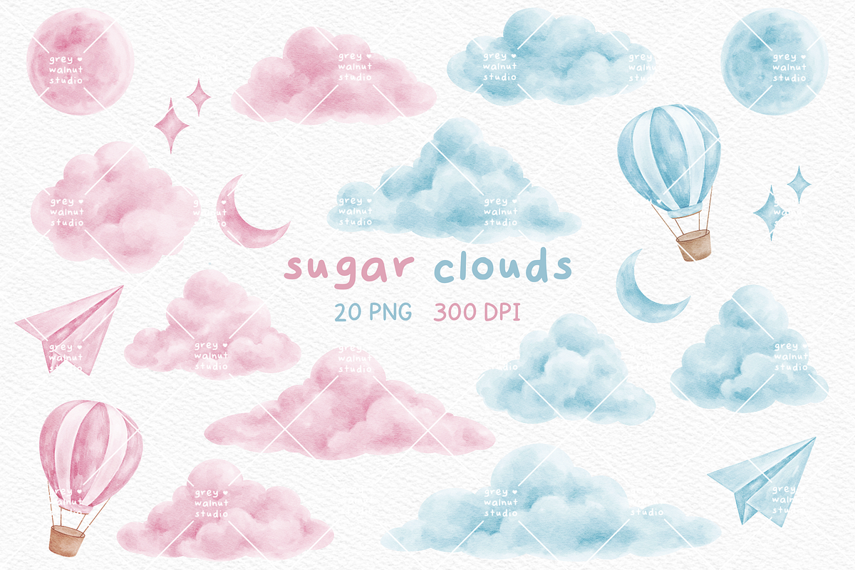 Pink and Blue Clouds Clipart, a Decorative Illustration by greywalnutstudio (Photo 1 of 3)