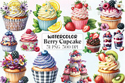 Watercolor Berry Cupcake Clipart, an Illustration by CraftArtStudio (Thumbnail 1 of 6)