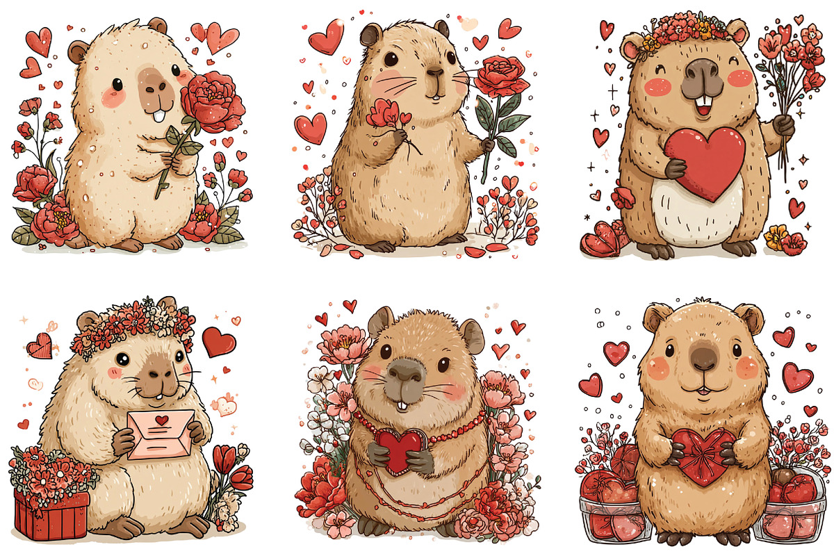 Watercolor Capybara Valentine Clipar, an Illustration by CraftArtStudio (Photo 3 of 6)