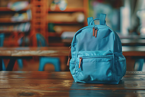 Modern school backpack on blurred classroom background. Back To School concept, a School & Education Photo by AlyaAnd