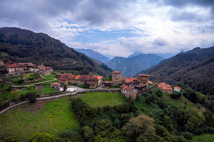 View of the medieval village of Bandujo in Asturias mountains. Spain., a Nature Photo by CreativePhotoSpain