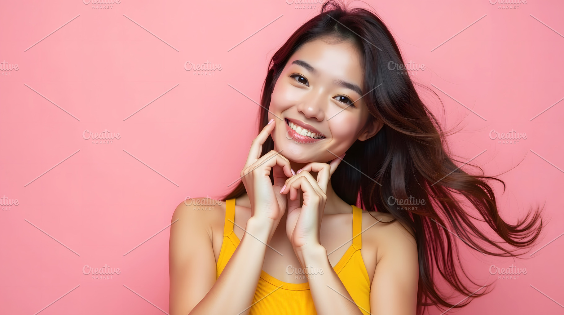 Smiling Asian Woman Touching Her Fac, a Person Photo by Stock Shape