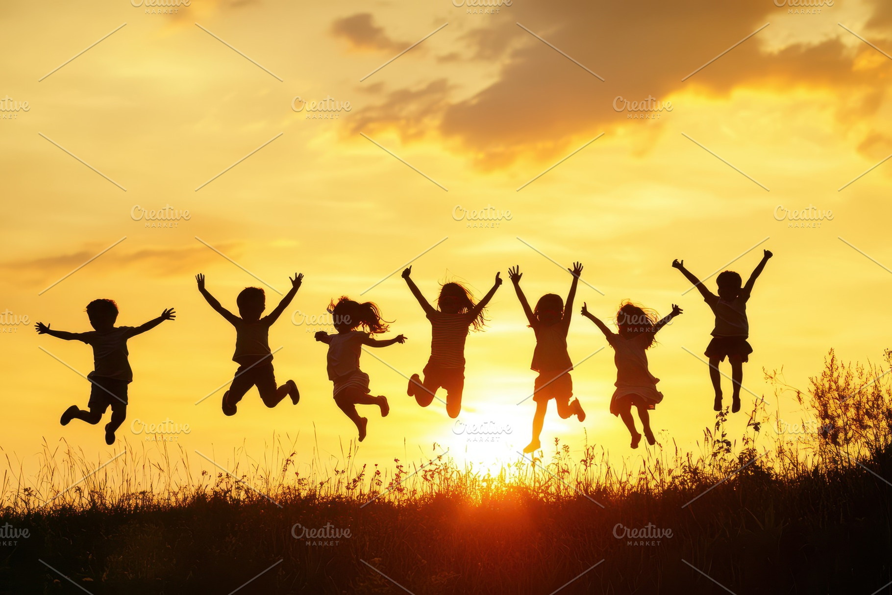 Children's silhouettes joyfully, a Photo by Pavel_design