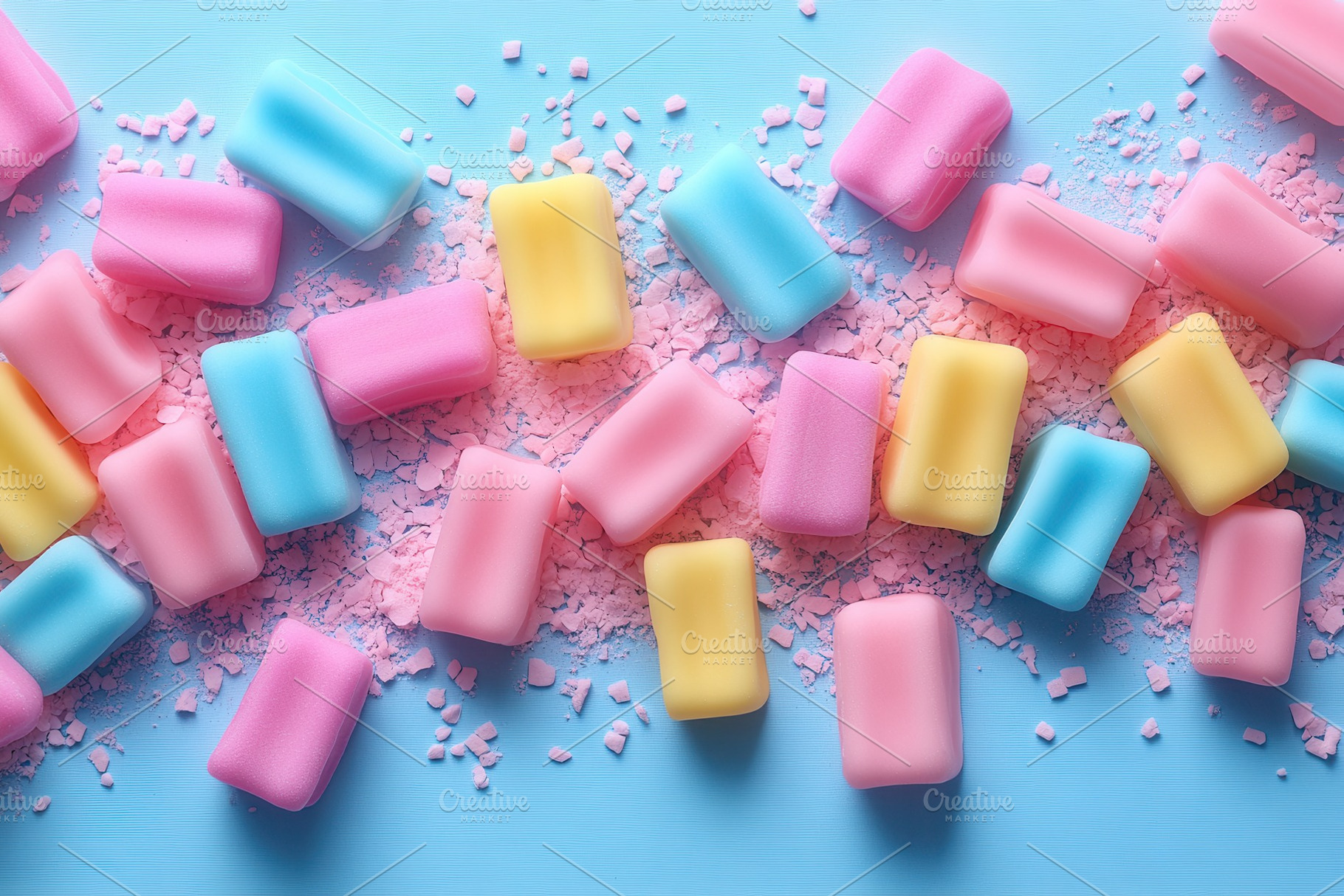 Colorful pastel candies scattered on, a Photo by Tanuart