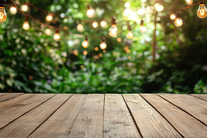 Empty brown wooden table with different party decorations, outdo, a Background Photo by AlyaAnd