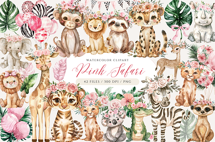 Pink Safari Watercolor Clipart, an Animal Illustration by ClipArtCharm