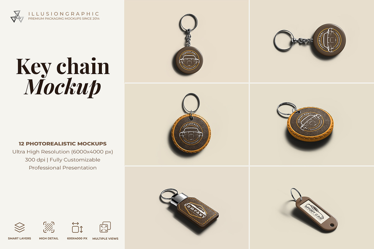 Keychain Mockup - 12 Views, a Merchandise Mockup by Illusiongraphic (Photo 1 of 26)