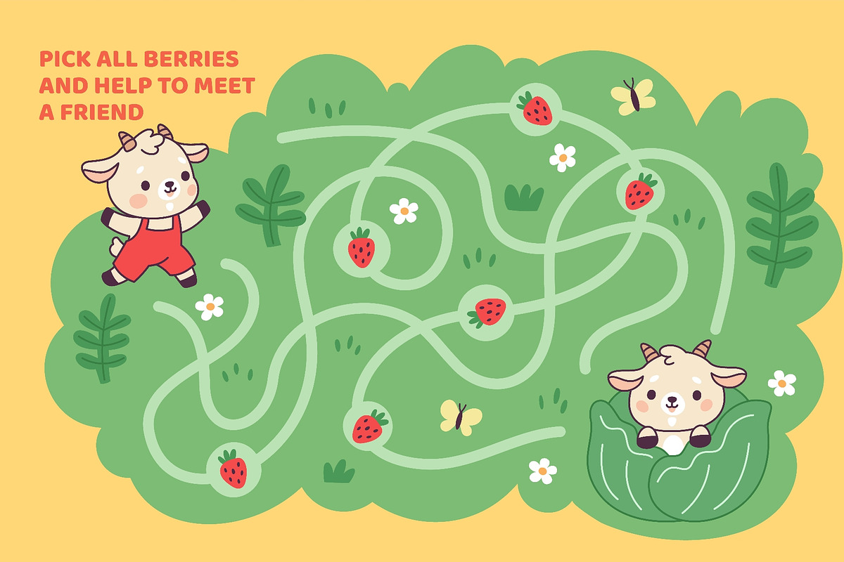 Kawaii goat maze game. Cute baby, an Animal Illustration by YummyBuum (Photo 2 of 3)