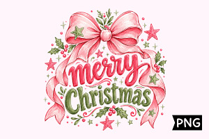 Merry Christmas Pink Bow & Stars PNG, a Seasonal Illustration by Creative Art