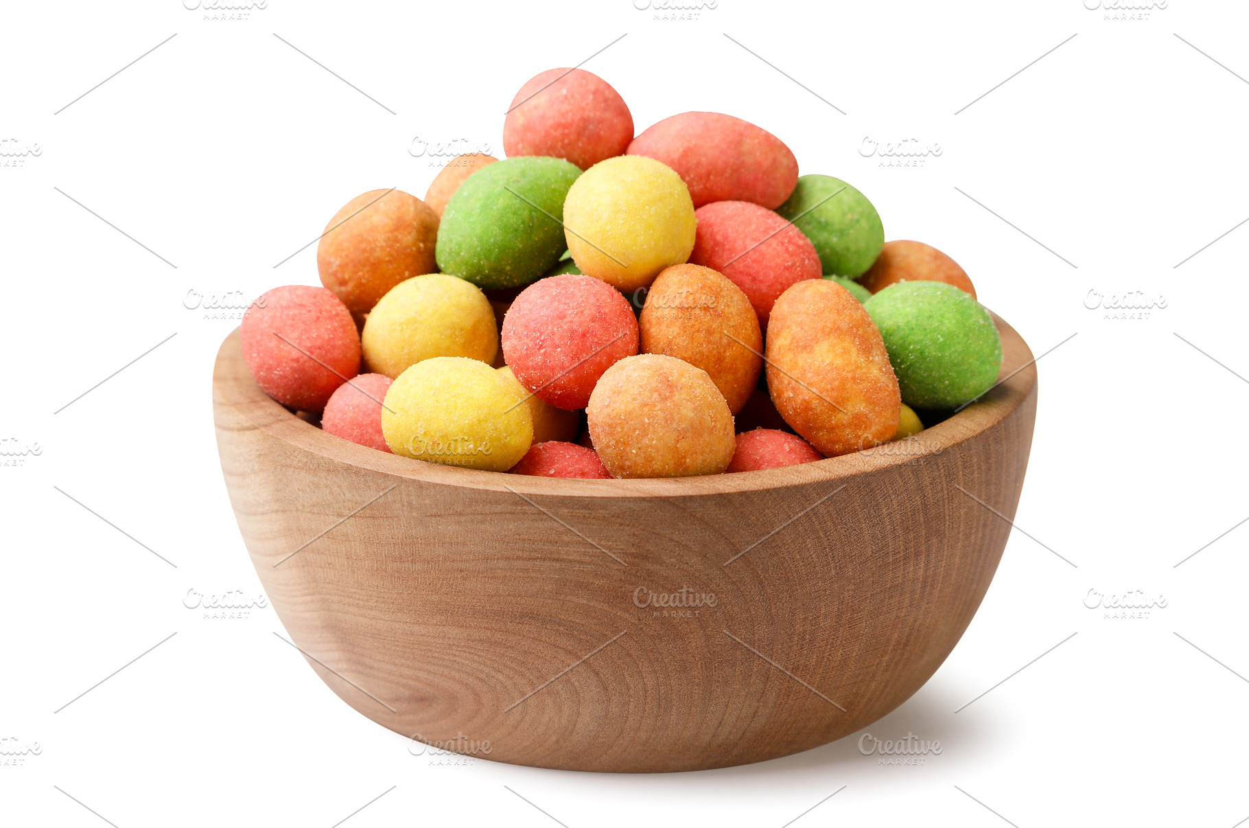 Wasabi peanuts in a wooden plate on, a Food & Drink Photo by innakreativ